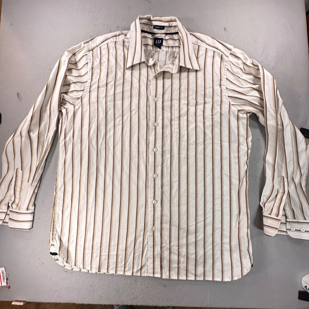 Vintage Y2K Gap Mens XL Classic Fit Striped Button Down Shirt Brown white